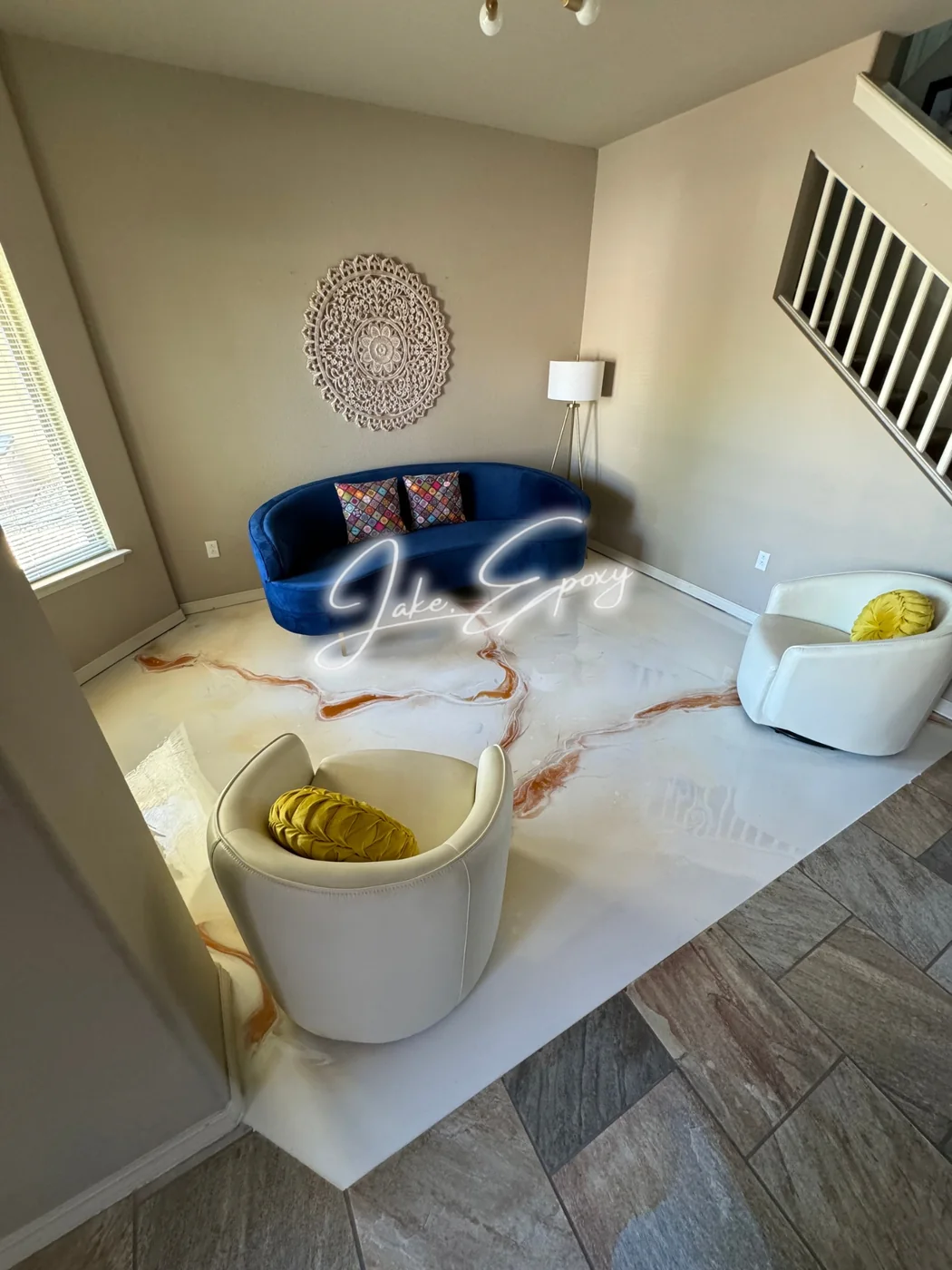 White metallic epoxy lounge room floor